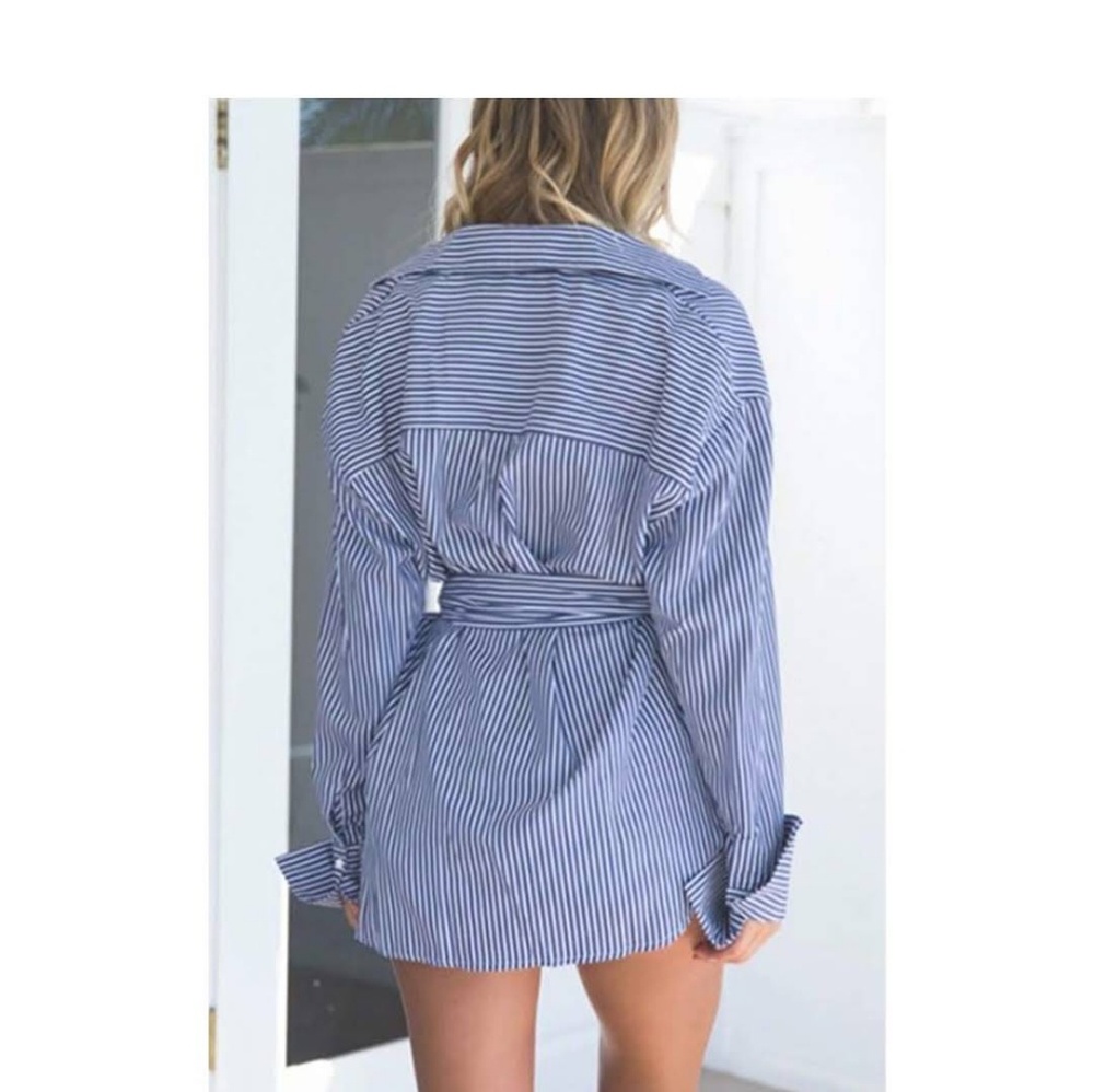 RIMINI Striped Boyfriend Button Down Belted Top - Picture 4 of 5
